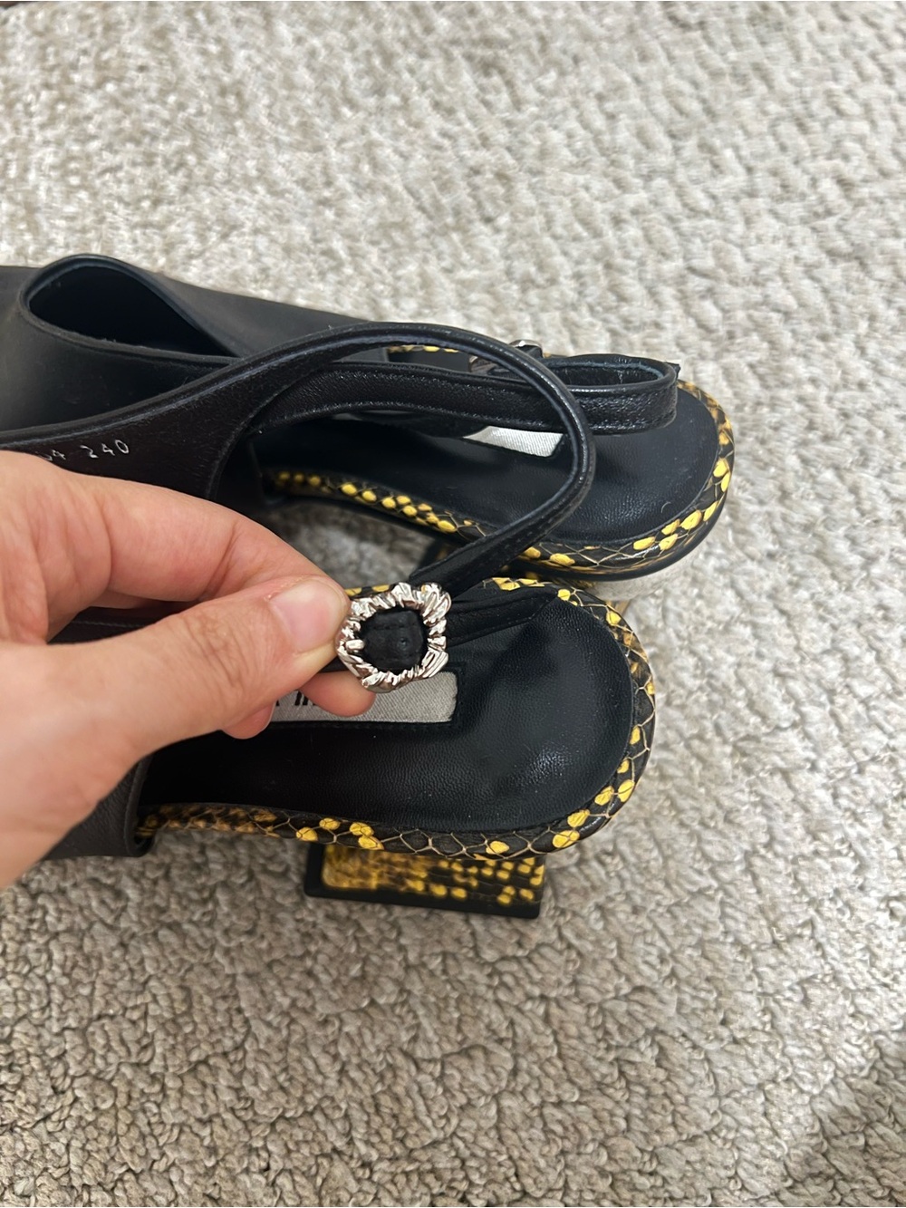 Yuul Yie Black Leather Slingback Pumps with Yellow Patterned Block Heel - Picture 4 of 7